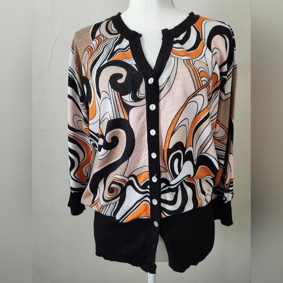 Roz & Ali Sweaters - Roz & Ali Black, Cream and Orange Swirl Print Cardigan